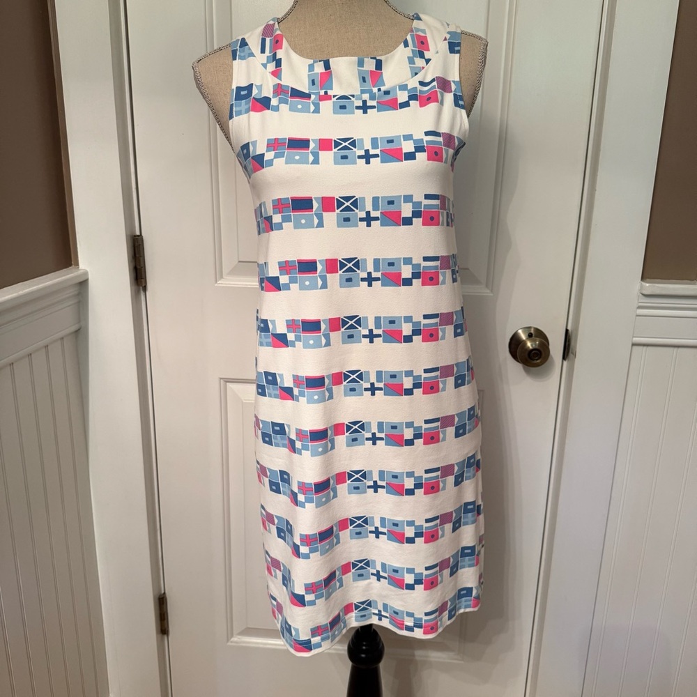 SAILOR SAILOR MINI DRESS SLEEVELESS STRETCH WHITE PINK BLUE NAUTICAL FLAGS Sz S